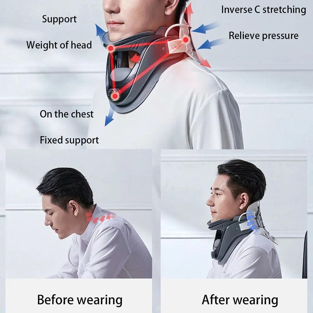 Zorelie neck posture support device showing before and after wearing with pressure relief and fixed chest support