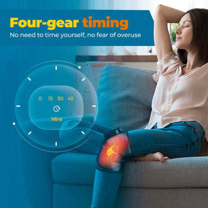 Woman relaxing on couch using Zorelie thermal massager for pain relief on her knee with four-gear timing