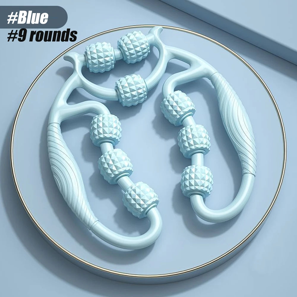 Blue handheld muscle massage roller with nine textured massage rounds for deep tissue relief