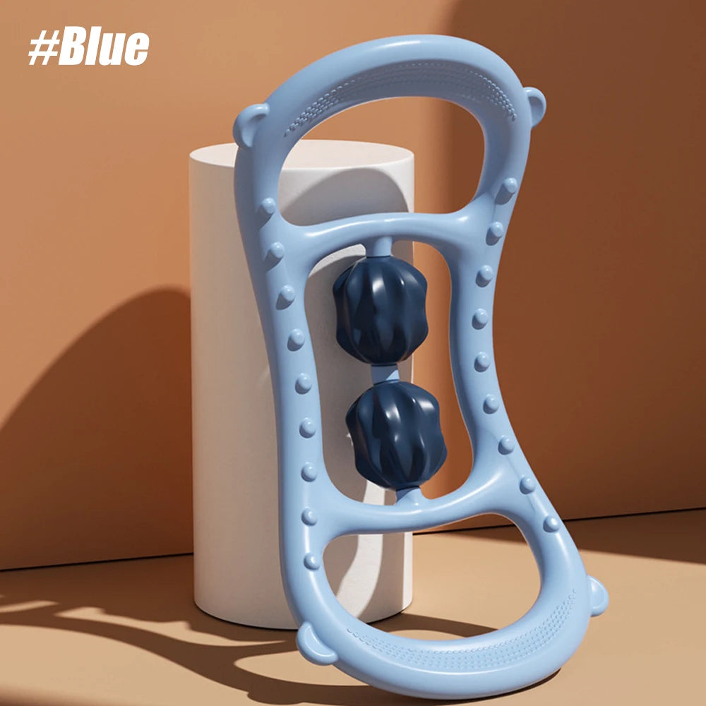 Blue handheld muscle massage roller with two black textured massage balls by Zorelie.co