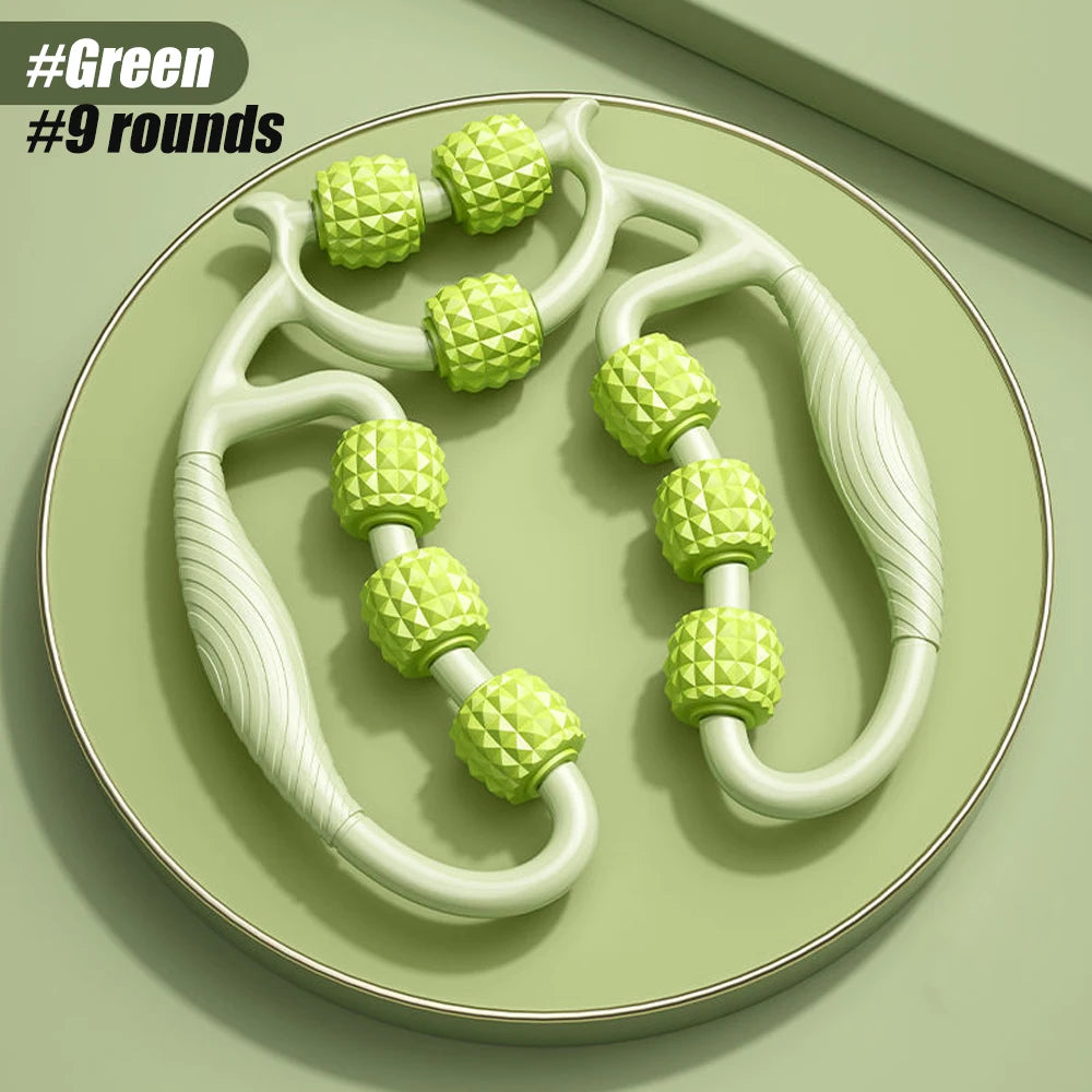 Green handheld muscle massage roller with nine textured massage rounds for deep tissue relief
