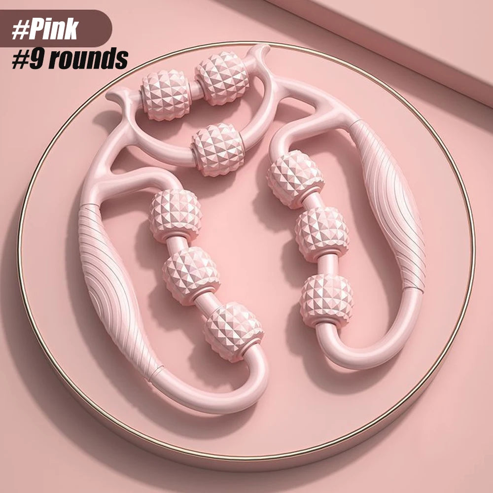 Pink handheld muscle massage roller with nine textured rollers for deep tissue relief