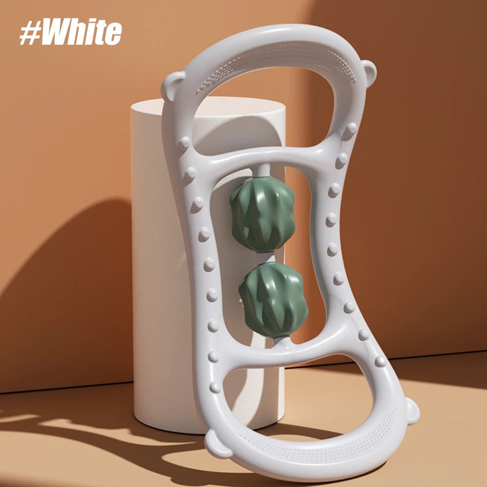 White handheld muscle massage roller with two textured green rolling balls for deep muscle relief