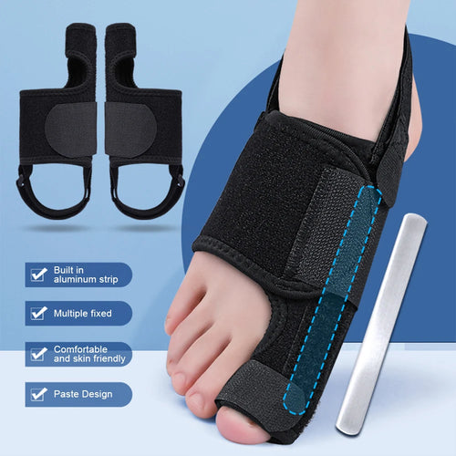 Zorelie.co black toe corrector for bunion relief with built-in aluminum strip and adjustable straps