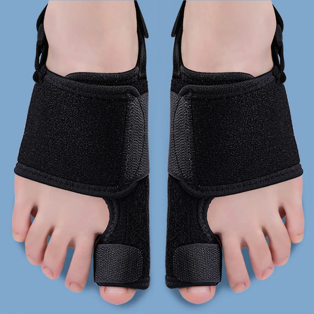 Zorelie.co black toe corrector for bunion relief worn on both feet against blue background