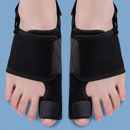 Zorelie.co black toe corrector for bunion relief worn on both feet against blue background