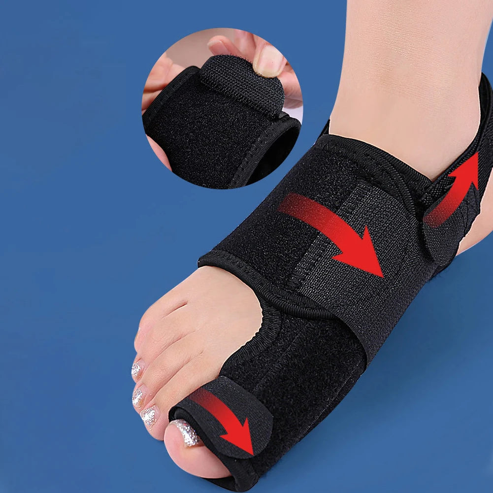 Black adjustable toe corrector for bunion relief worn on left foot with Velcro straps