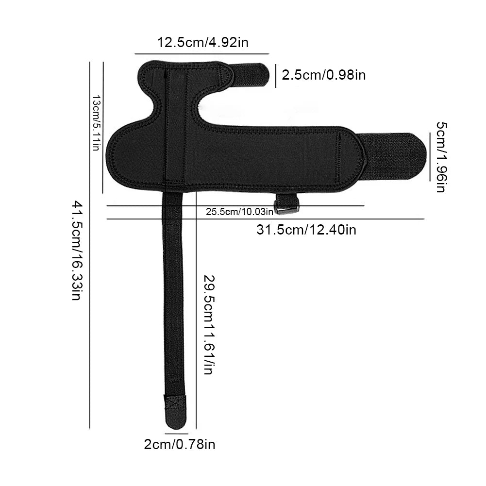 Black adjustable toe corrector for bunion relief with detailed size measurements