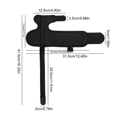 Black adjustable toe corrector for bunion relief with detailed size measurements