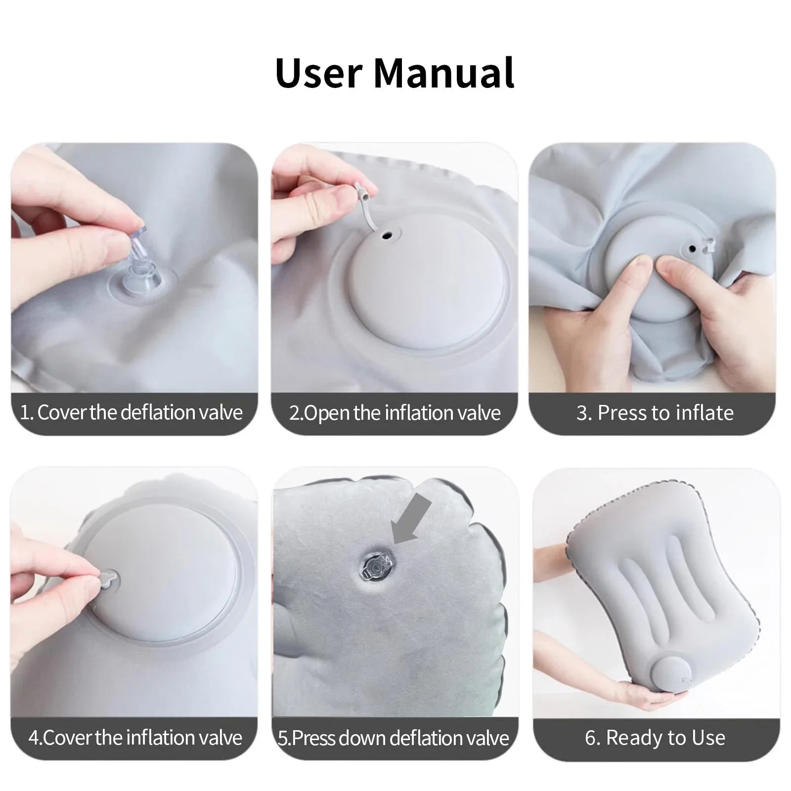 Step-by-step user manual showing how to inflate and deflate the ultra-soft portable inflatable pillow