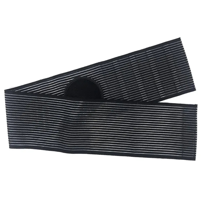 Black and gray striped umbilical hernia belt for men and women with adjustable support design