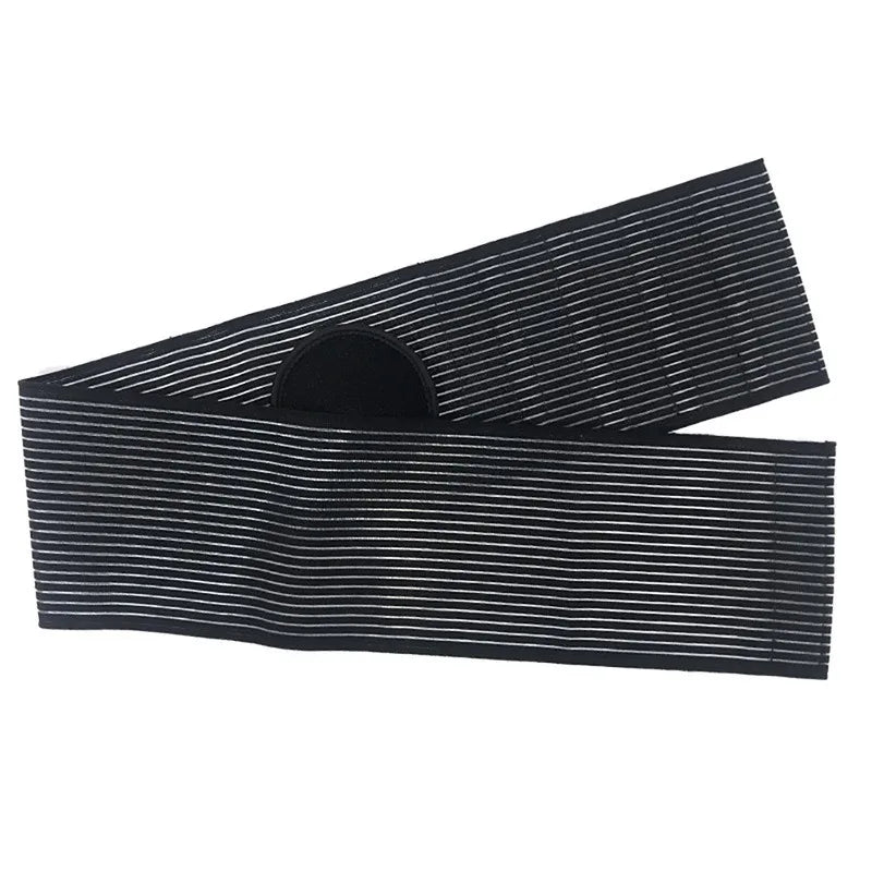 Black and white striped umbilical hernia belt for men and women designed for support and comfort