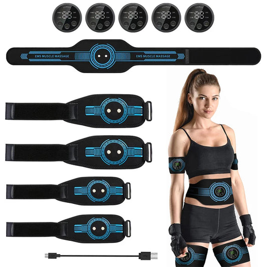 EMS muscle stimulator belt set with multiple adjustable straps and remote controls shown on woman