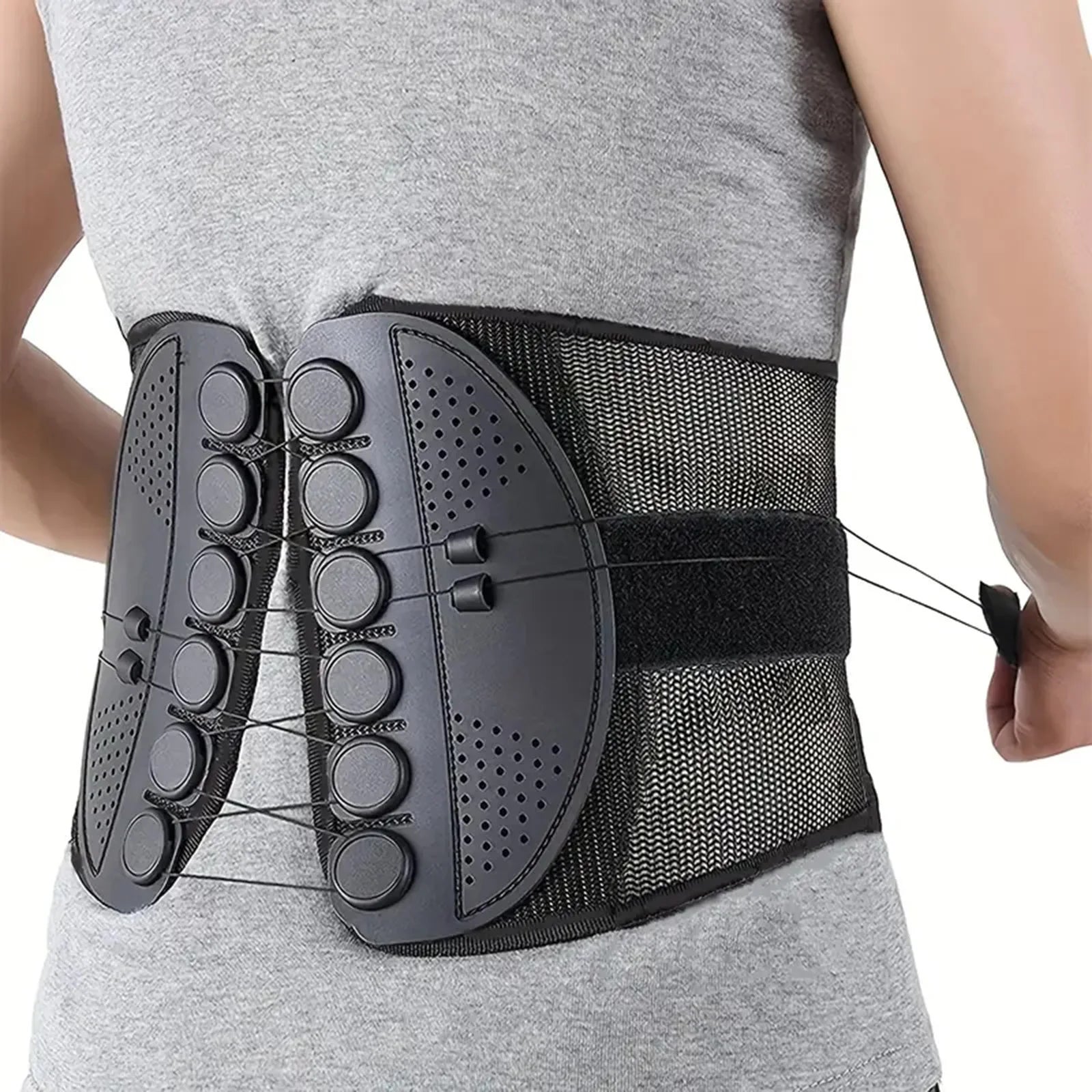 Zorelie.co unisex lumbar support belt with adjustable tension cords and breathable mesh fabric