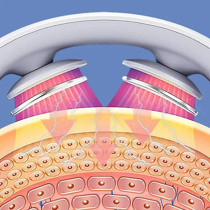 Close-up illustration of USB rechargeable neck massager applying heat and electric pulses to muscle tissue