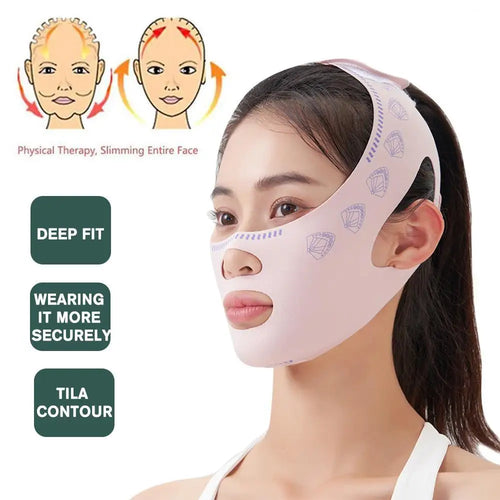 Zorelie.co v line face lifting strap worn by woman for deep fit and secure slimming face contour