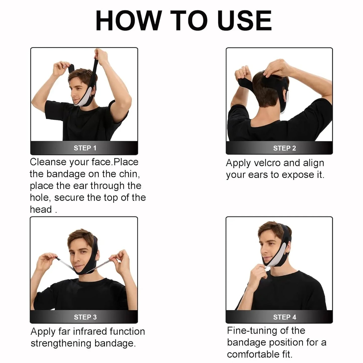 Step-by-step guide showing how to wear a v shaped face mask for double chin with bandage placement and adjustment