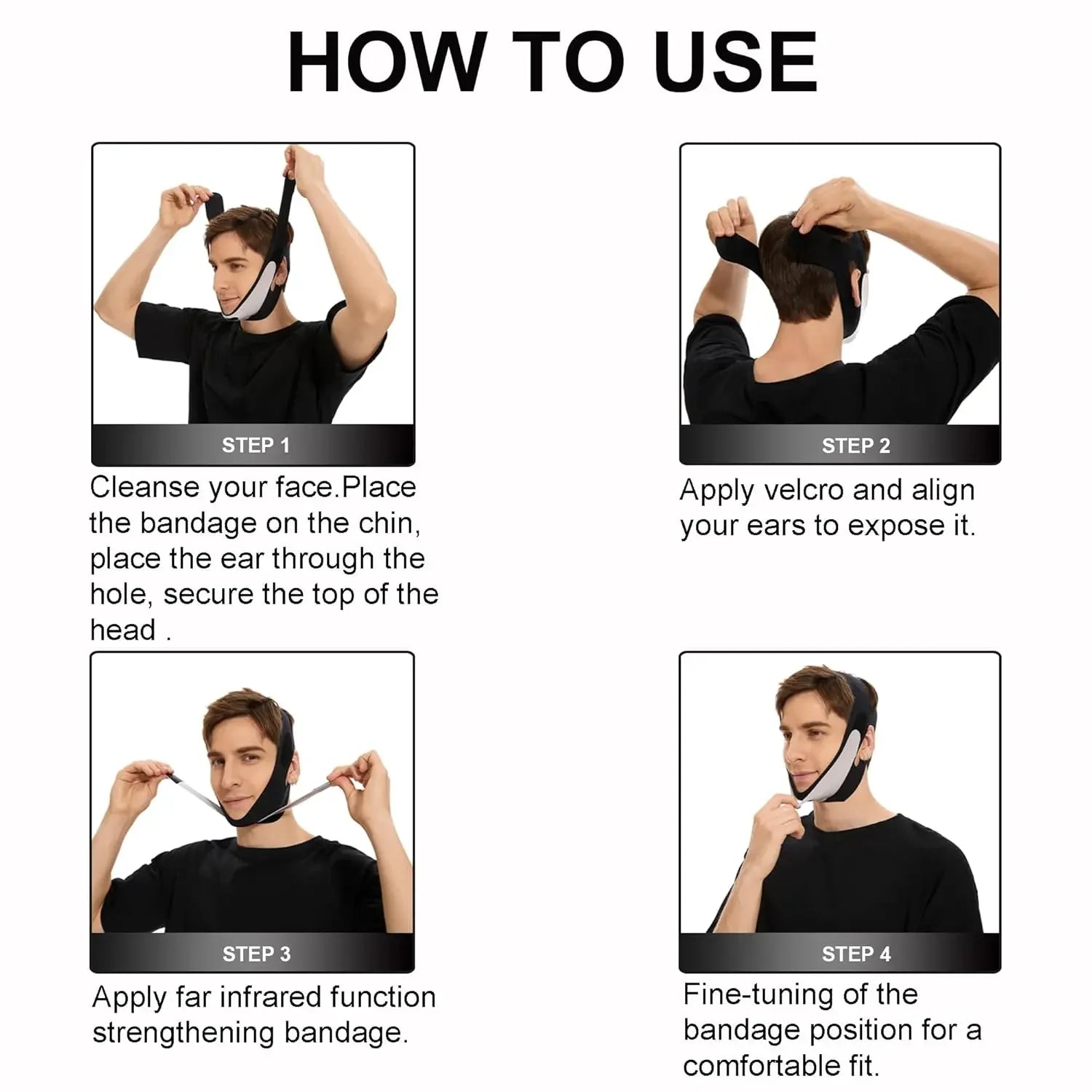 Step-by-step guide showing how to wear a v shaped face mask for double chin with bandage placement and adjustment