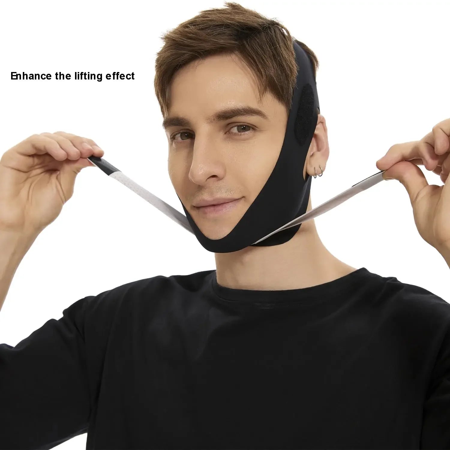 Man wearing a black v shaped face mask for double chin with lifting effect straps