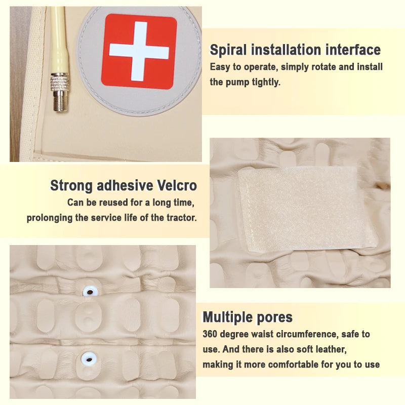 Close-up details of inflatable lumbar traction belt showing spiral installation, strong adhesive Velcro, and multiple comfort pores