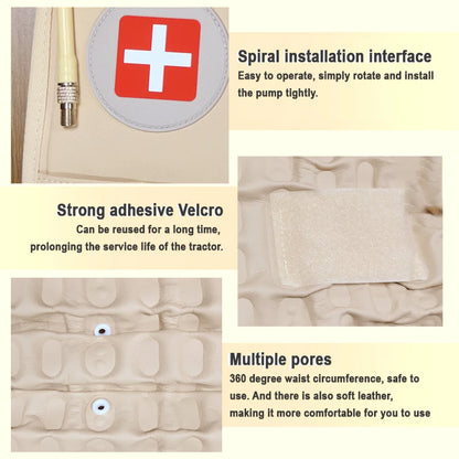 Close-up details of inflatable lumbar traction belt showing spiral installation, strong adhesive Velcro, and multiple comfort pores