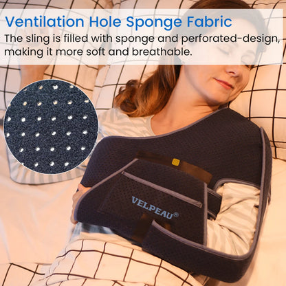 Arm sling for elbow injury made of breathable sponge fabric with ventilation holes for comfort