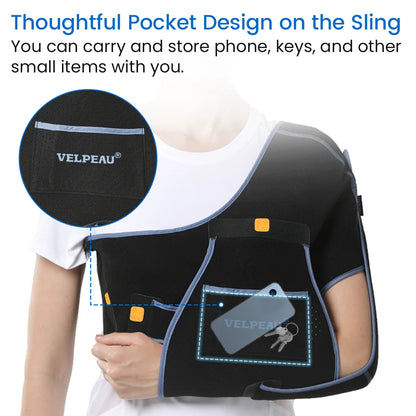 Arm sling for elbow injury with thoughtful pocket design to store phone keys and small items