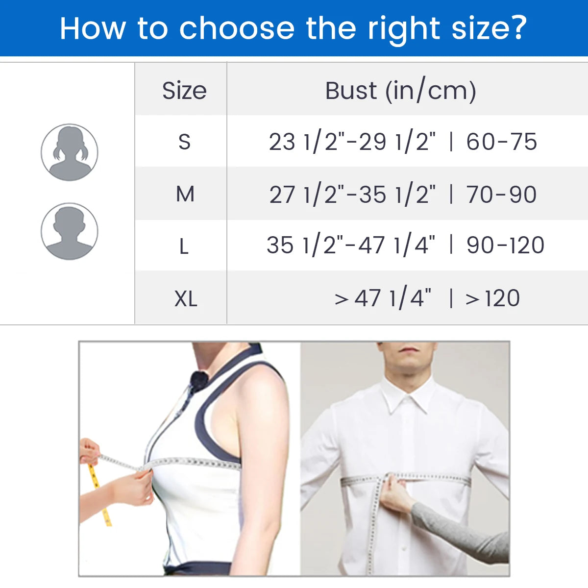 Size chart showing bust measurements with images of people measuring bust for arm sling for elbow injury
