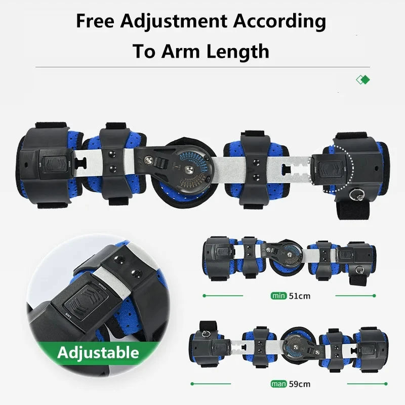 Adjustable hinged elbow brace by Zorelie.co allowing free adjustment for arm length from 51 cm to 59 cm