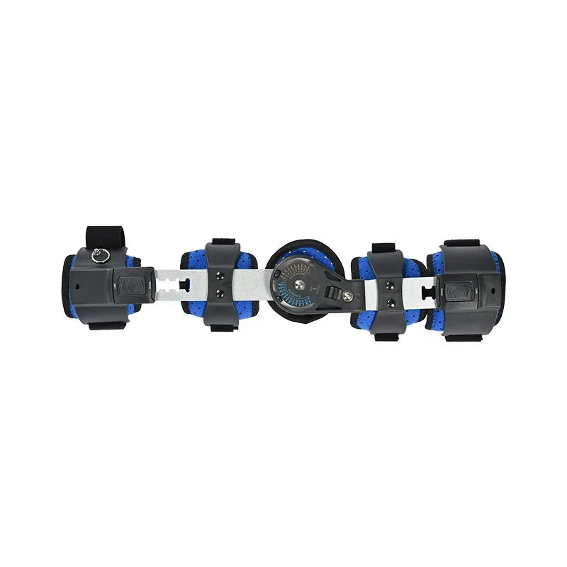 Zorelie.co adjustable hinged elbow brace with black and blue padded straps and metal hinge support