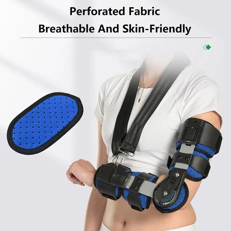 Adjustable hinged elbow brace with perforated breathable fabric worn on arm for support and comfort
