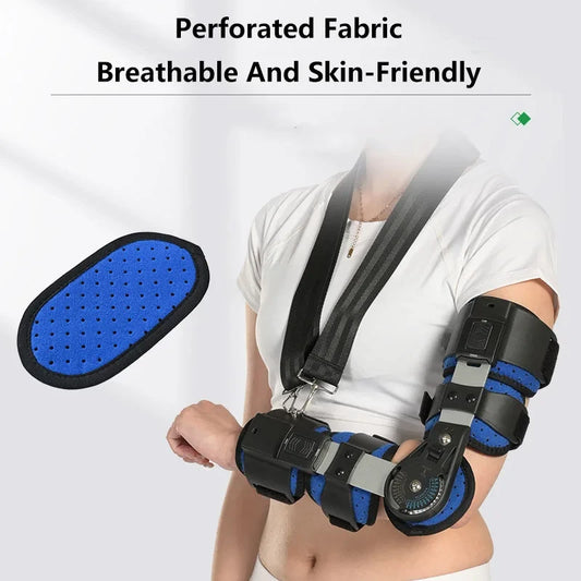 Adjustable hinged elbow brace with perforated breathable fabric worn on arm for support and comfort
