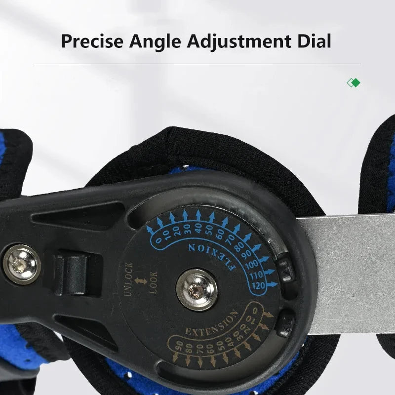 Close-up of precise angle adjustment dial on adjustable hinged elbow brace for controlled movement