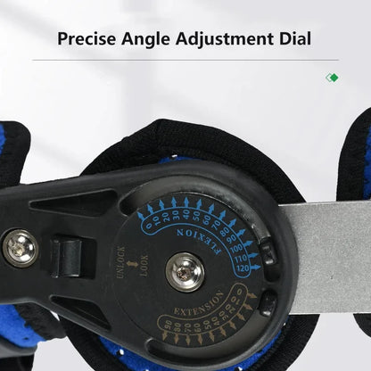 Close-up of precise angle adjustment dial on adjustable hinged elbow brace for controlled movement