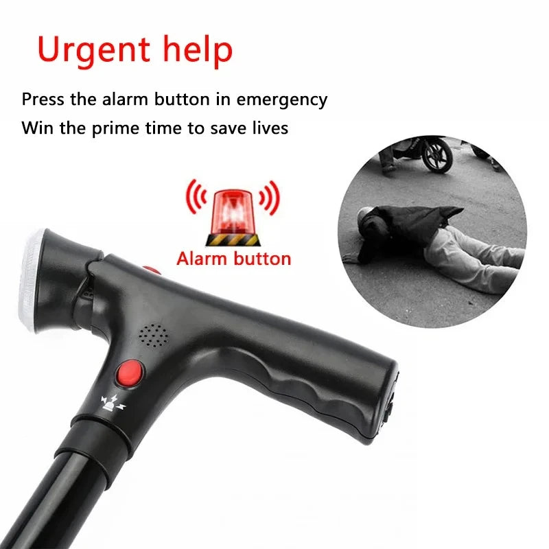 Zorelie.co collapsible folding walking cane with built-in alarm button for emergency alerts and safety