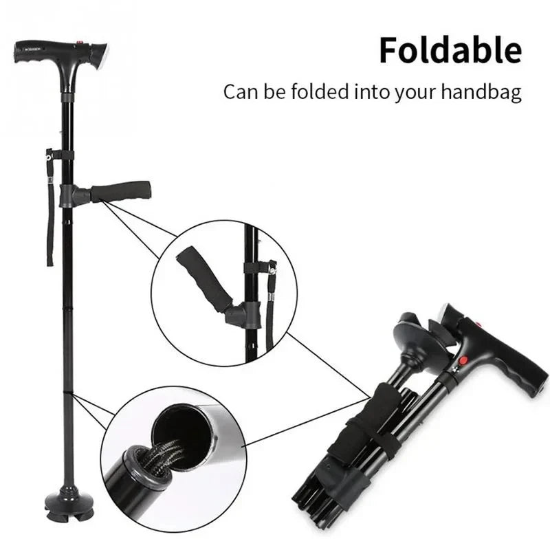 Zorelie.co collapsible folding walking cane in black showing foldable design and compact storage