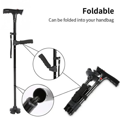 Zorelie.co collapsible folding walking cane in black showing foldable design and compact storage