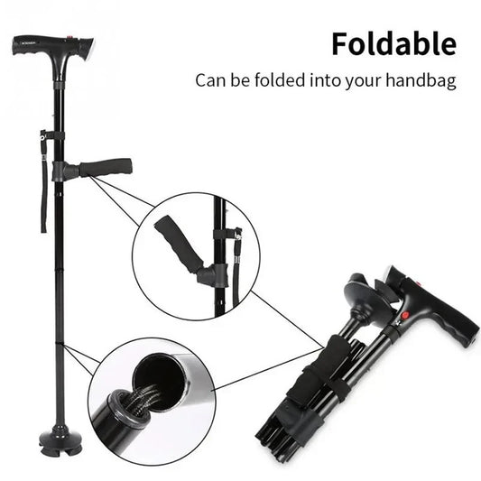 Zorelie.co collapsible folding walking cane in black showing foldable design and compact storage