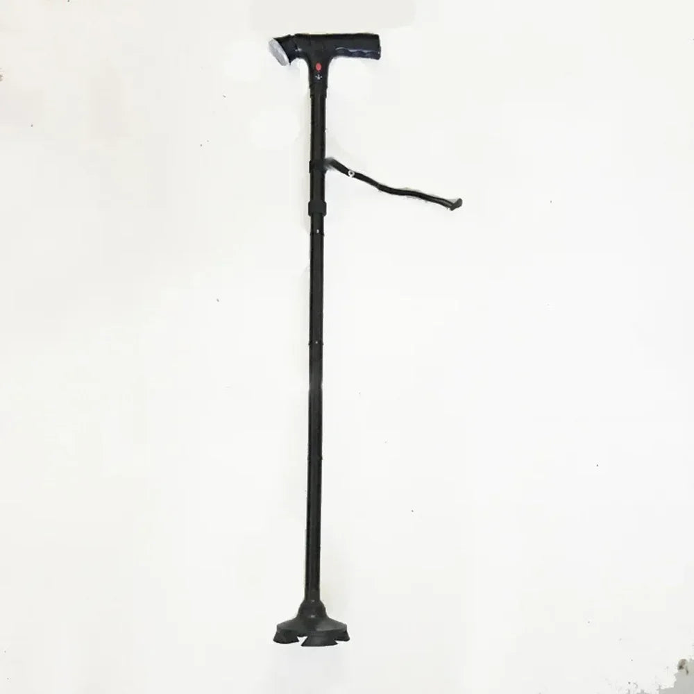 Black collapsible folding walking cane with ergonomic handle and wrist strap for easy mobility