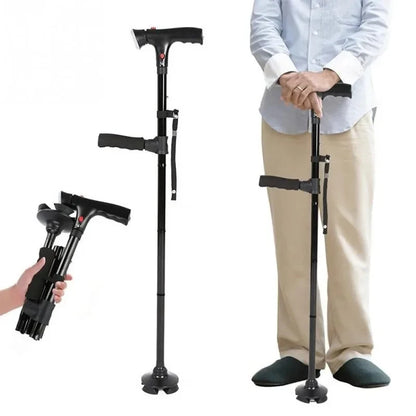 Zorelie.co collapsible folding walking cane in black with ergonomic handle and wrist strap
