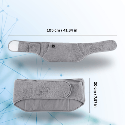 Zorelie gray menstrual heating pad for cramps with adjustable strap and soft fabric, sized 105 cm by 20 cm