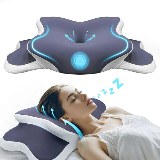 Orthopedic neck support pillow by Zorelie.co in dark gray with white edges designed for comfortable sleep and neck alignment