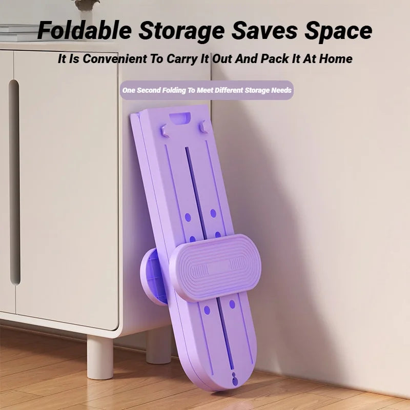 Foldable purple postpartum pelvic floor exercise machine leaning against cabinet saving storage space