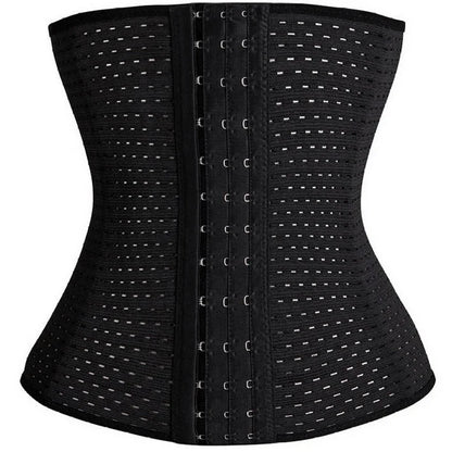 Black waist trainer corset for women with hook and eye closure and breathable mesh design