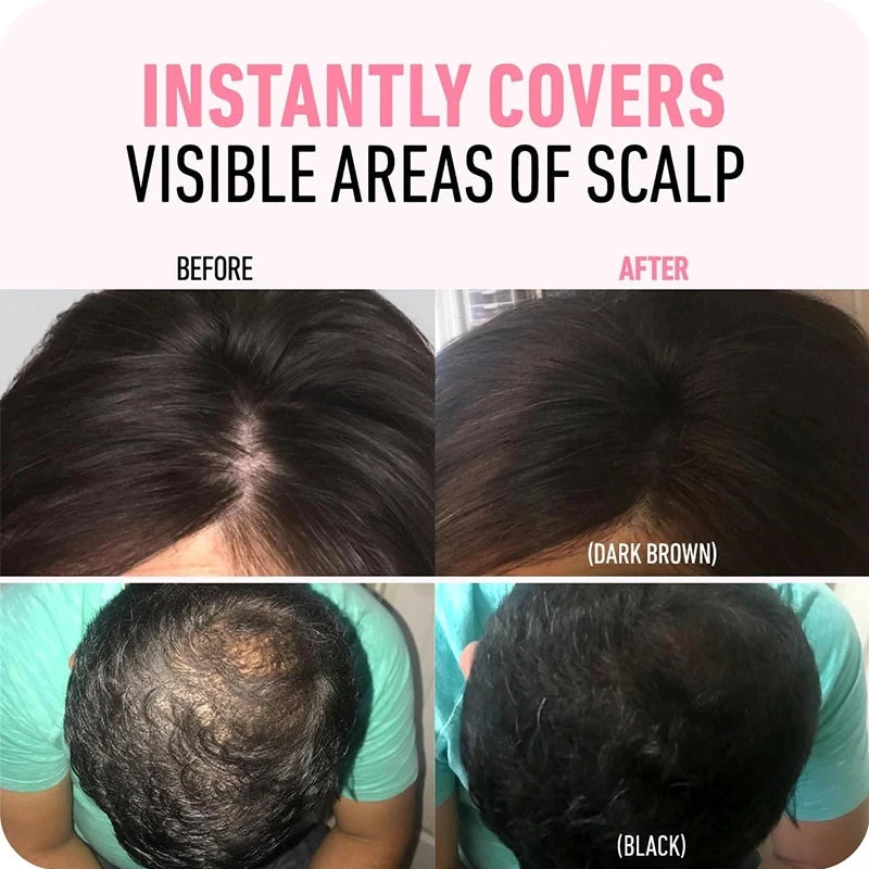 Before and after images showing scalp coverage with hairline powder root touch up in dark brown and black shades