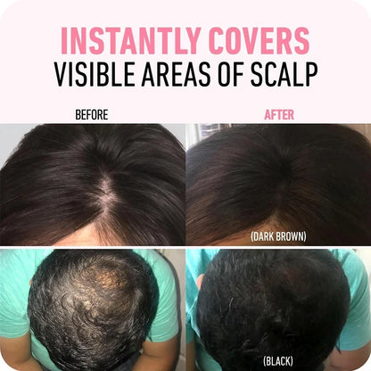 Before and after images showing scalp coverage with hairline powder root touch up in dark brown and black shades