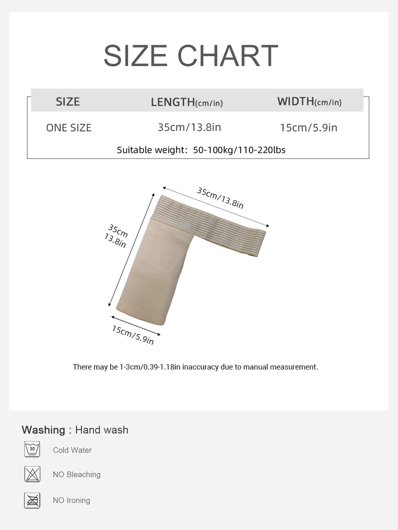 Zorelie.co size chart showing one size knee support sleeve 35cm length 15cm width suitable for 50 to 100kg weight