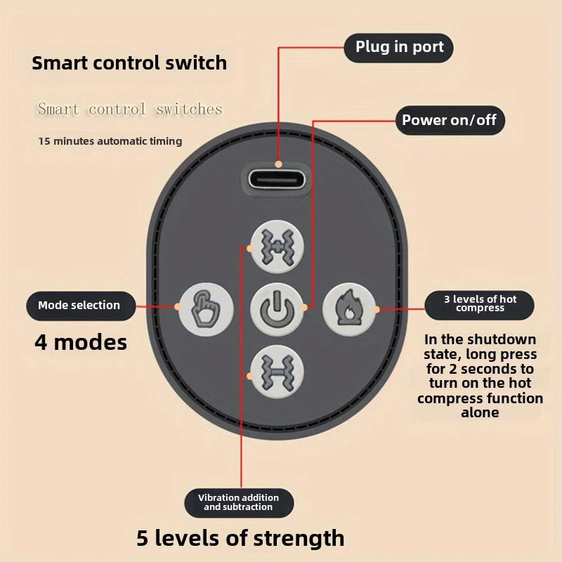 Smart control switch panel of vibrating heated neck massage pillow with mode selection and strength levels