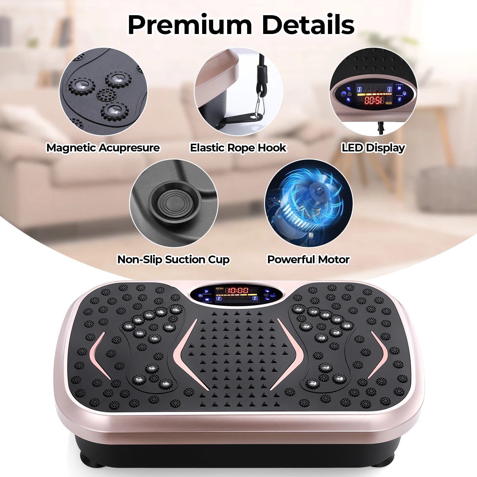 Zorelie.co vibration plate exercise machine with magnetic acupressure, elastic rope hook, LED display, non-slip suction cup, and powerful motor