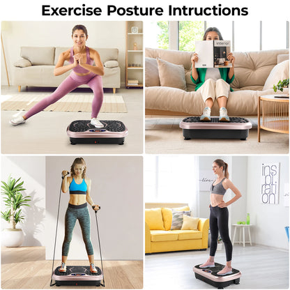 Women demonstrating exercise posture instructions using a vibration plate exercise machine in a home setting
